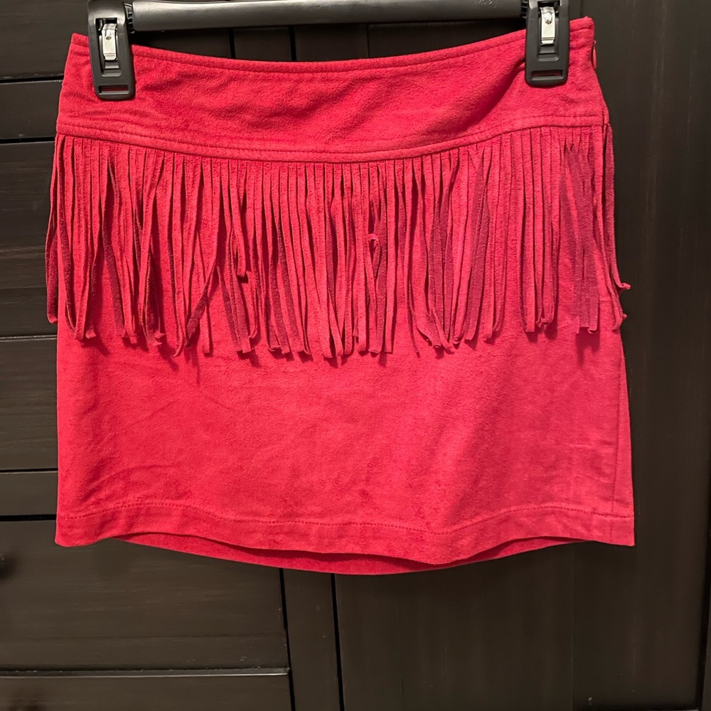 XS suede fringe mini skirt from Express.
